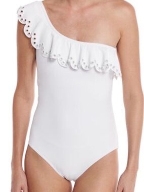 Karla Colletto White One-Shoulder Ruffle Swimsuit
Scalloped Grommet Trim Medium